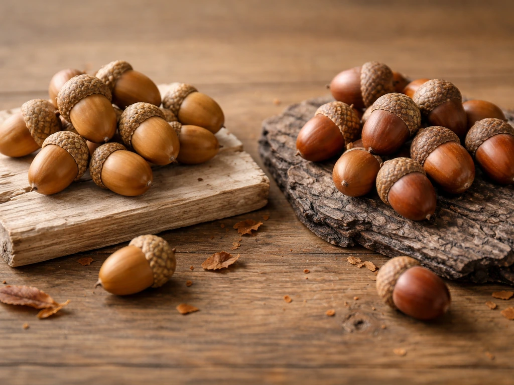 Close-up of freshly collected acorns on a wood table, separated by contrasting surfaces to suggest oak types.