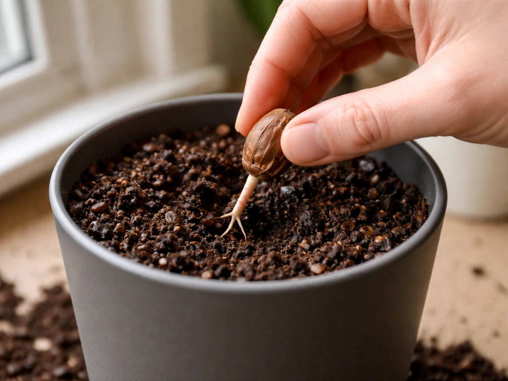 Hand potting a tiny acorn radicle into a deep tall container with airy well-draining soil