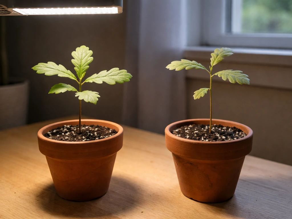 Two oak seedlings side-by-side, one strong under grow light and one leggy in weaker window light.