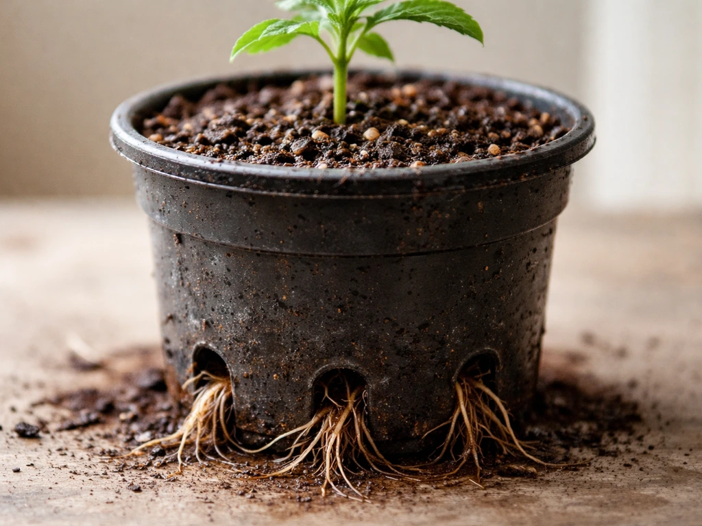 Close-up of a seedling with roots circling and emerging from the pot’s drainage holes.