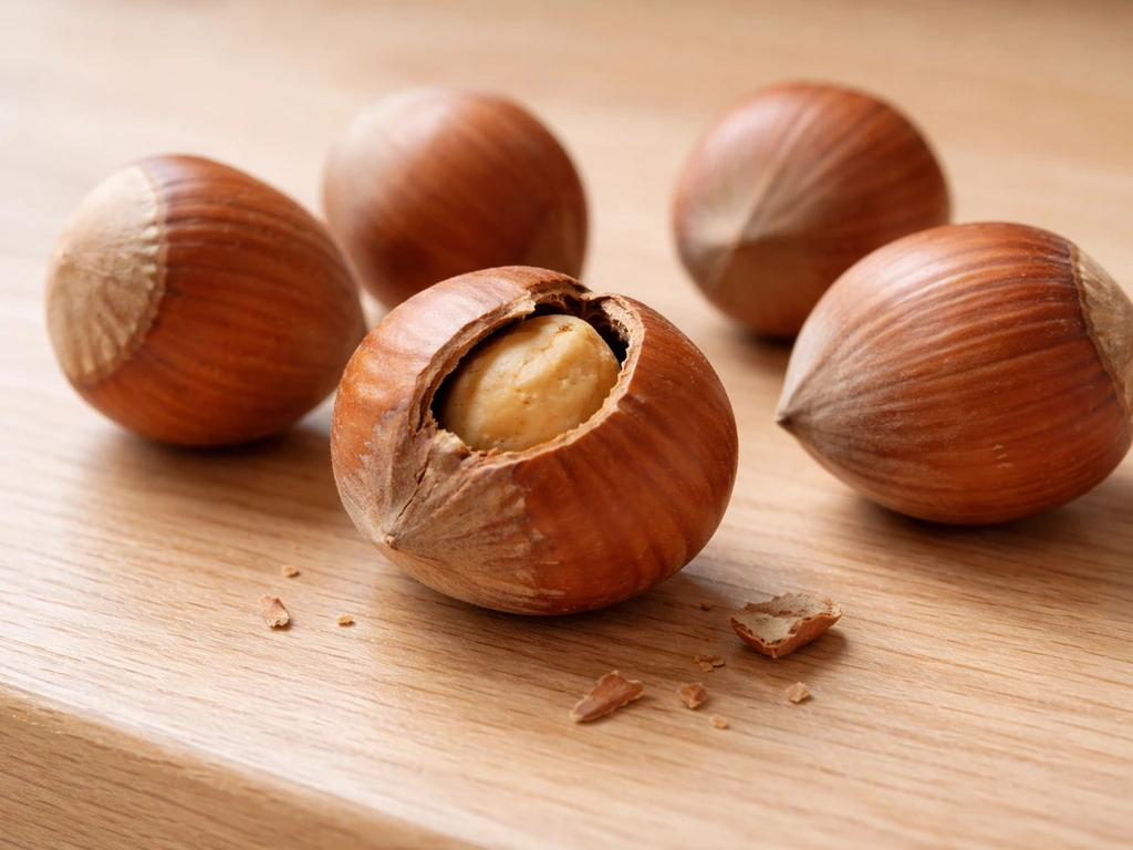 Raw unroasted hazelnuts in shells beside a partially cracked shell, close-up on a kitchen counter.