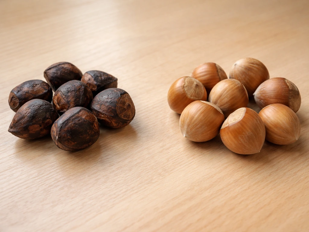 Roasted hazelnut shells and lighter raw in-shell hazelnuts laid side by side on a wooden table.