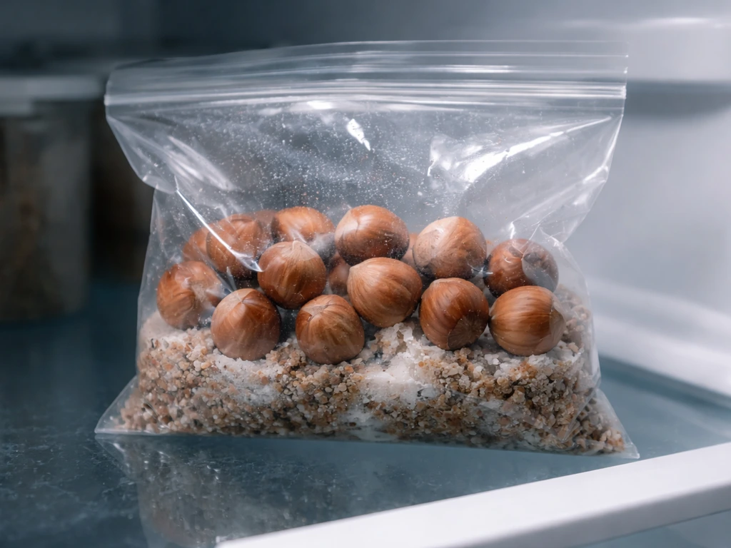 Clear bag of hazelnuts with moist medium sealed inside a refrigerator for cold stratification.