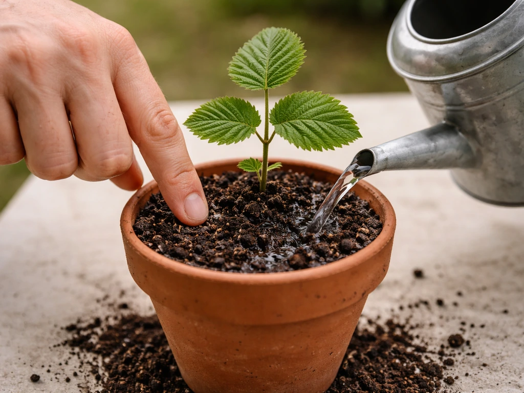 Watering a small pot of loamy soil while checking moisture with a finger, showing careful early plant care.