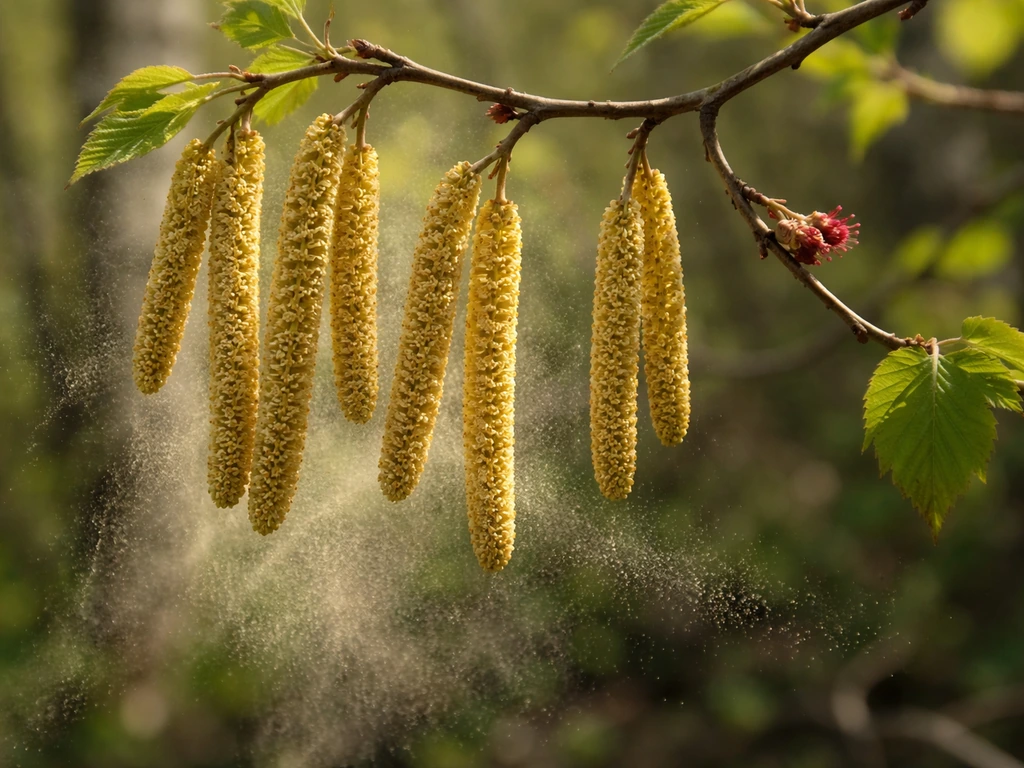 Close-up of hazelnut branches showing male catkins and nearby female flowers, hinting wind pollination.