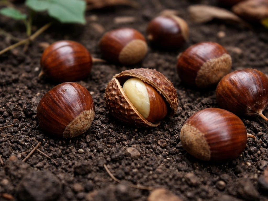 Fresh chestnuts on soil, one cracked open showing the nut seed inside