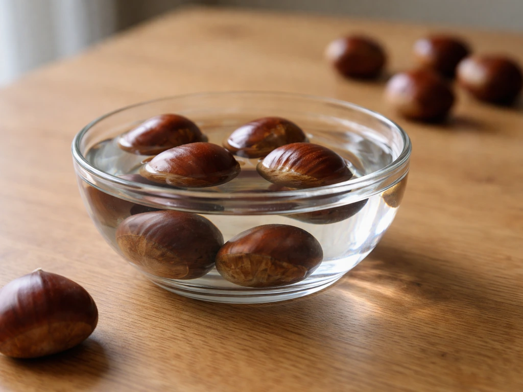 Chestnuts in a clear bowl of water, some floating and some sinking to show seed viability test.