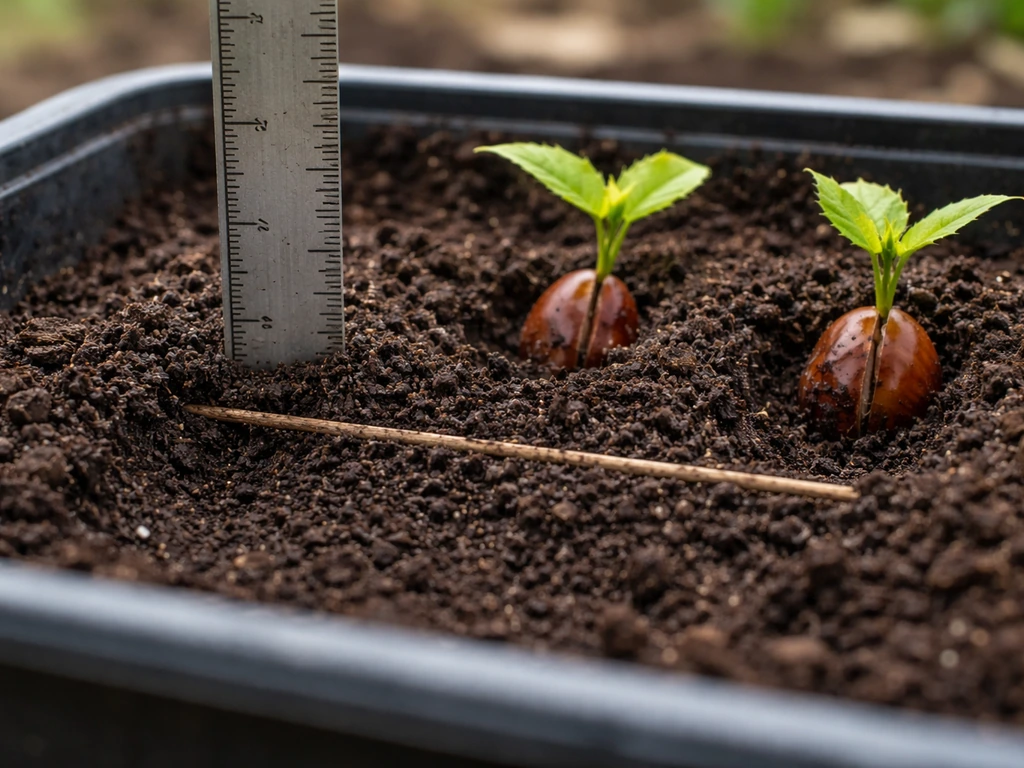 Close-up of chestnut seedlings in soil with a ruler marking 2–3 inch planting depth.
