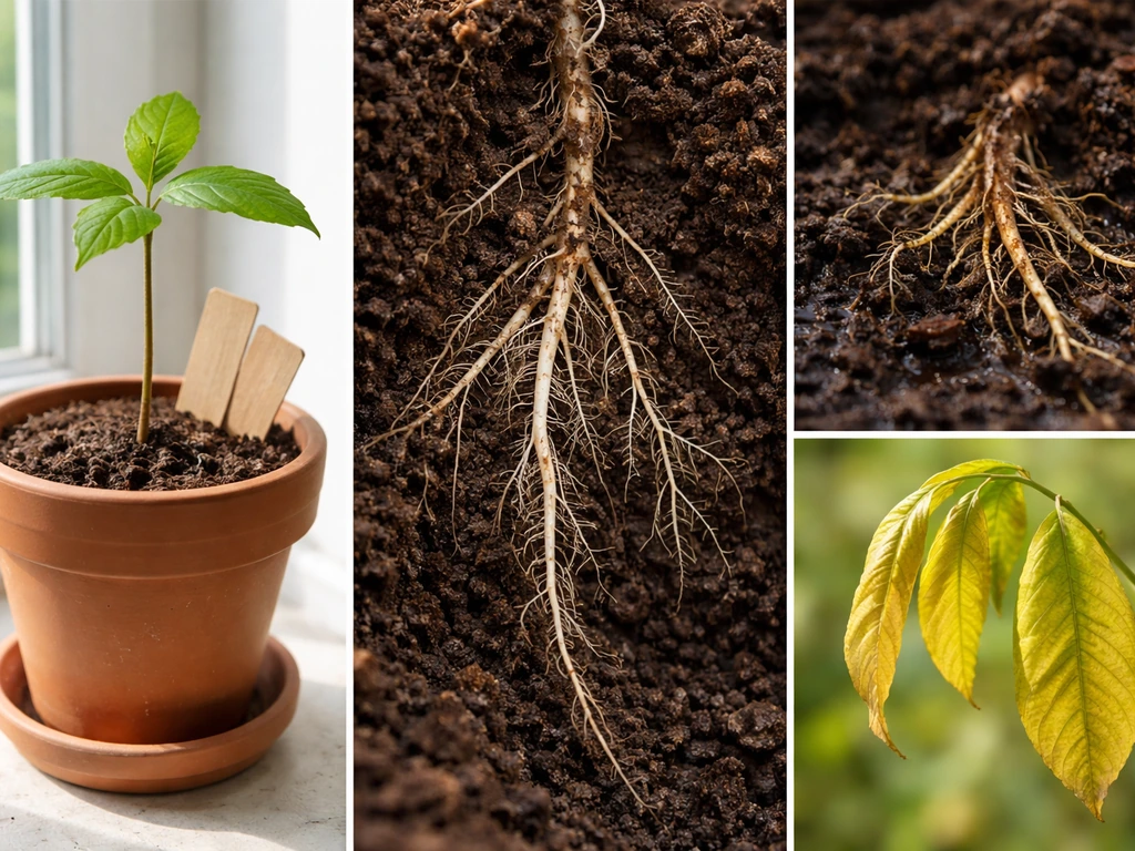 Small chestnut seedling in a pot plus closeups of healthy vs overwatered roots and drooping leaves.