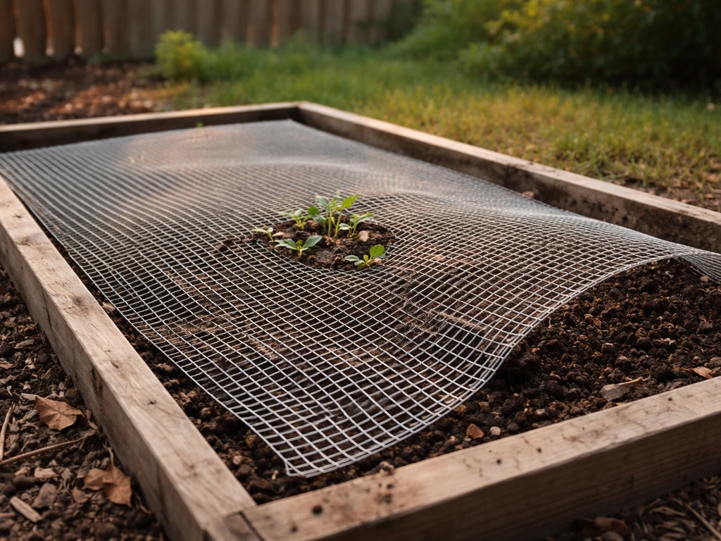 Planting bed covered with hardware cloth mesh, one edge lifted to show soil and emerging seedlings.
