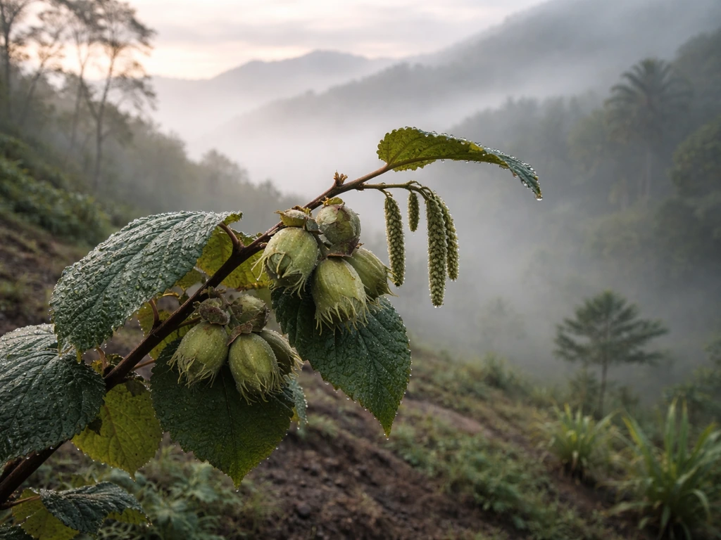 Hazelnut branch with catkins and nuts-in-husk on a misty tropical highland slope