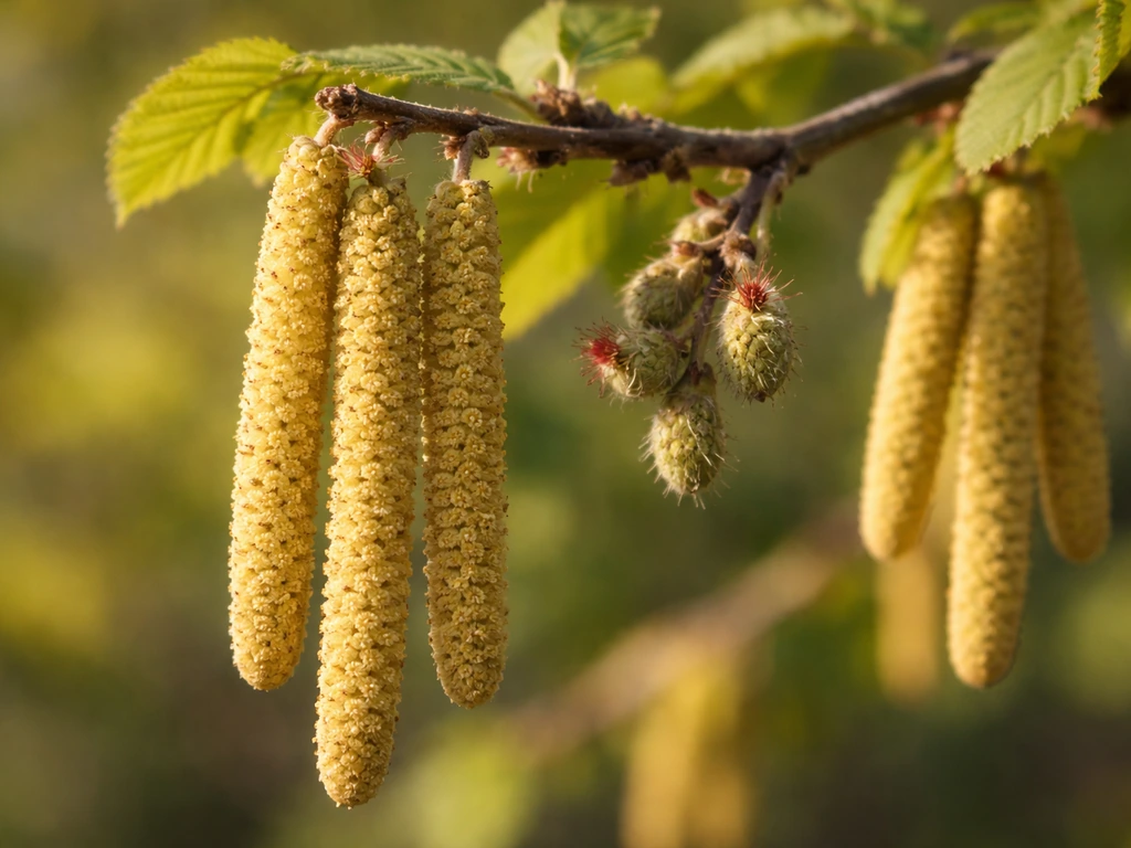 Close-up of hazelnut catkins on a branch with fresh hazelnut flowers against soft green foliage