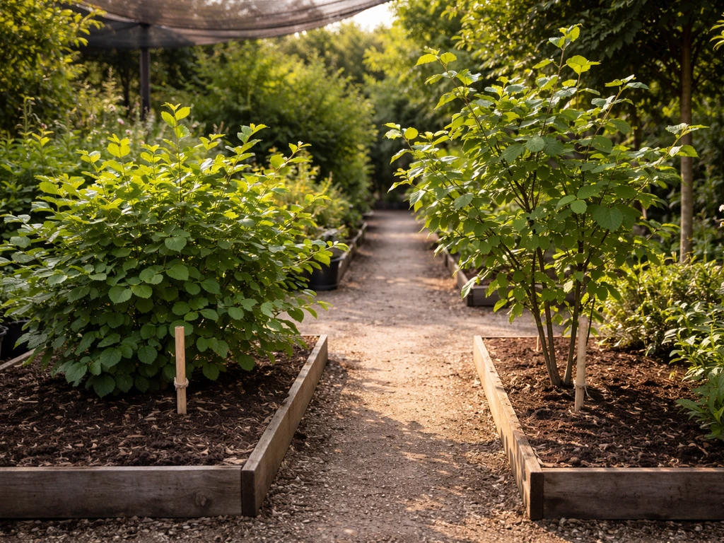 Two different hazel shrubs in a warm-climate nursery bed with one shaded side and simple stakes.