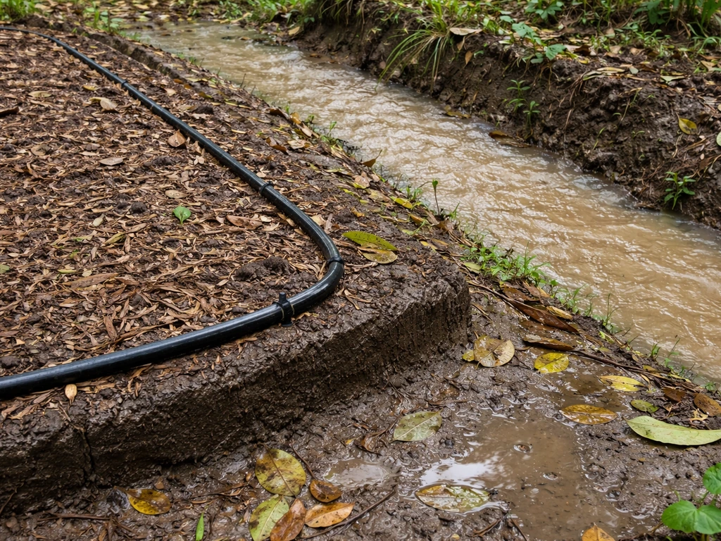 Raised bed with drip lines and nearby rain runoff draining from wet soil.