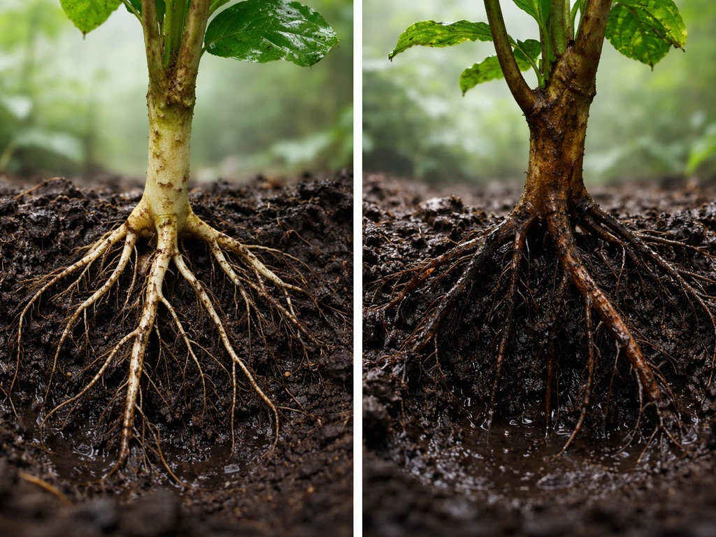 Hazelnut plant base in humid soil, with healthy roots beside a stressed, dark rotting crown area.
