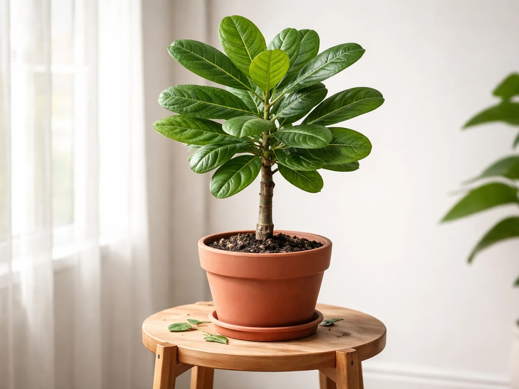 Indoor cashew tree in a terracotta pot near a bright window, showing it can grow indoors.