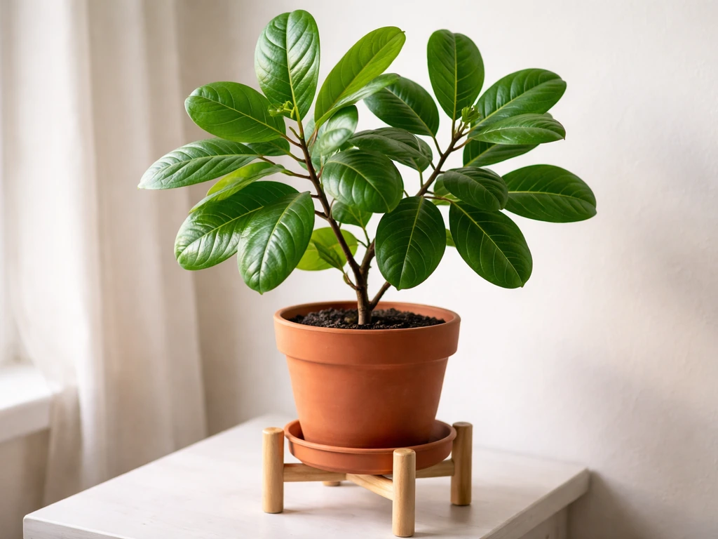 Indoor cashew tree in a pot with glossy leaves by a sunlit window