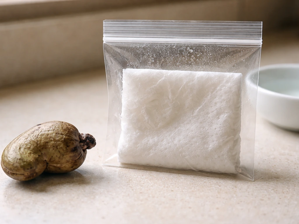 Raw cashew seed in its shell beside a clear baggie humidity setup with moist paper towel.