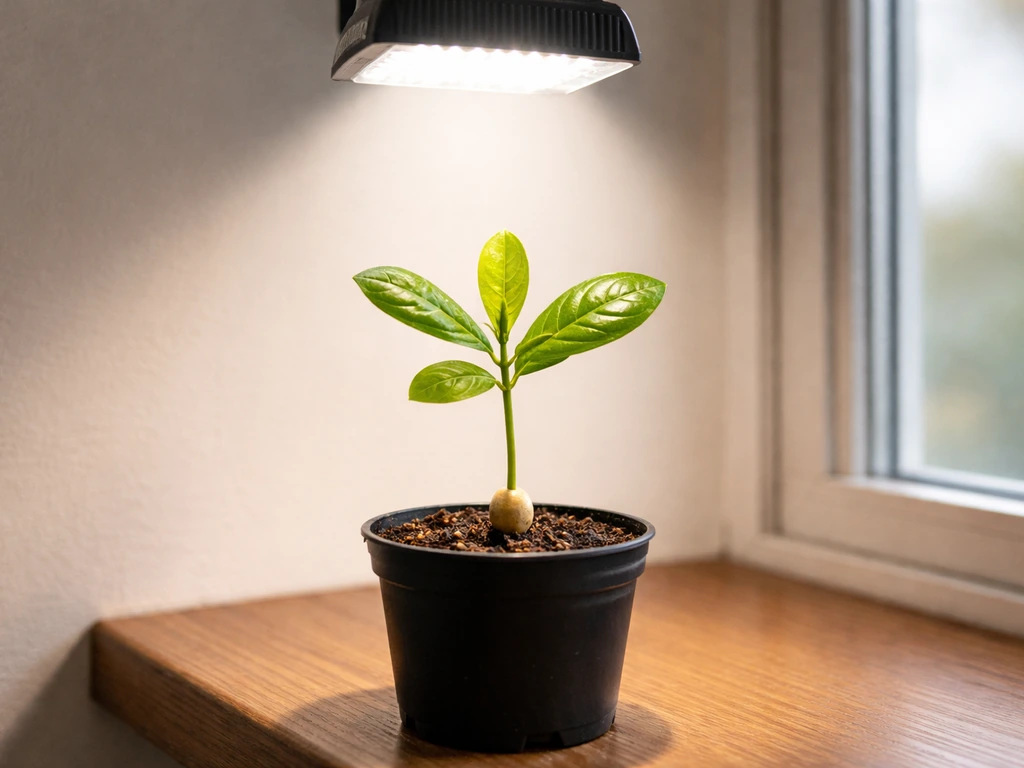 Indoor cashew seedling on a windowsill under a bright grow light, showing light intensity and distance.