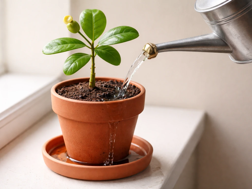 Hand waters a cashew plant in a pot until it drains into a catch tray, showing no standing water.