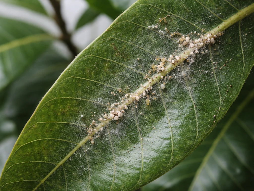 Close-up of a cashew leaf underside showing fine webbing and small pest specks.