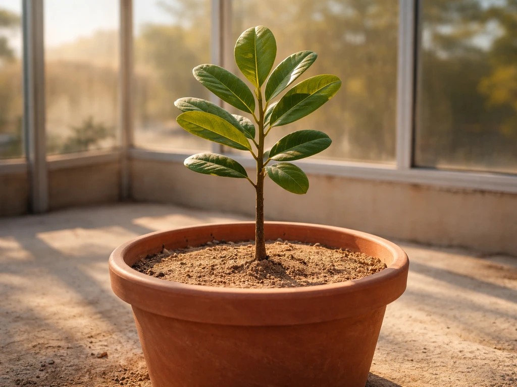 Cashew sapling thriving in a warm greenhouse container in Texas light