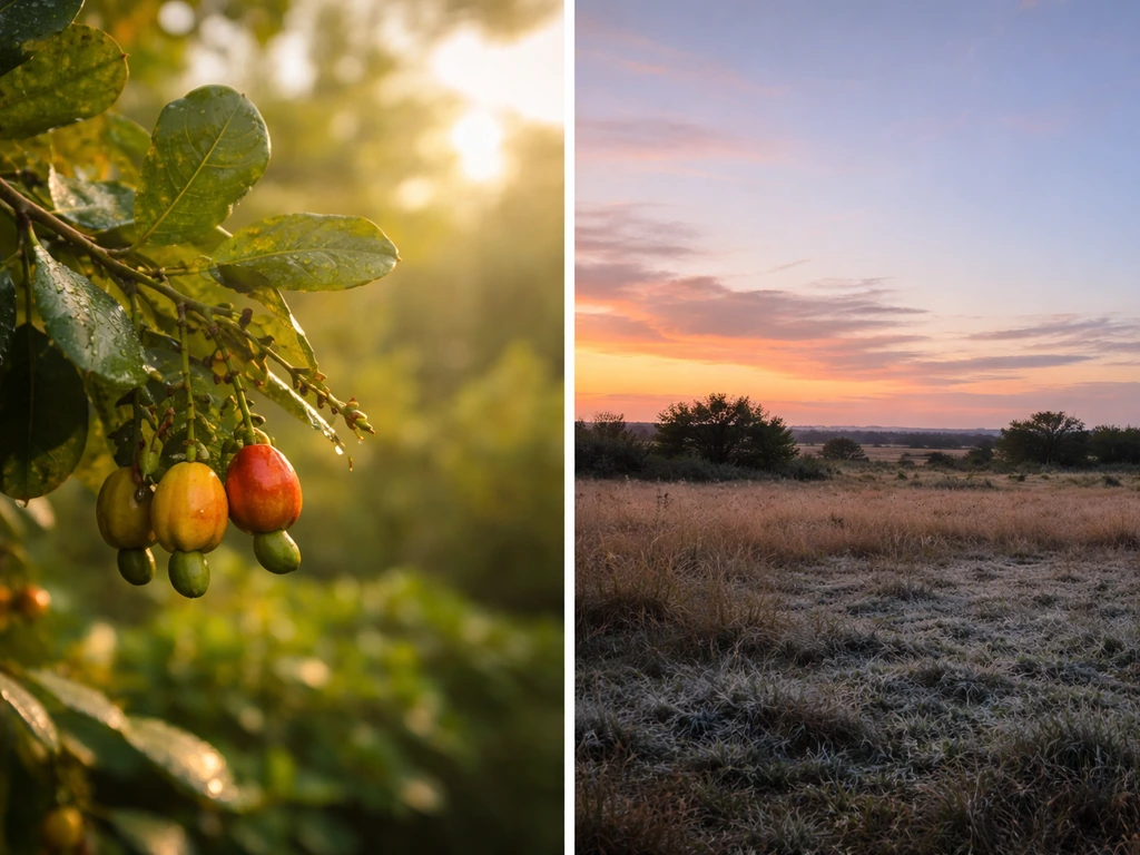 Cashew branch beside a warm Texas landscape with subtle frost-in-night contrast, showing heat needs