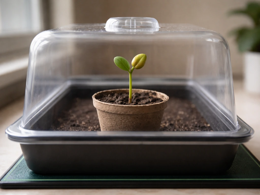 Cashew seedling in a small pot under a humidity dome on a heat mat in a bright indoor setup.
