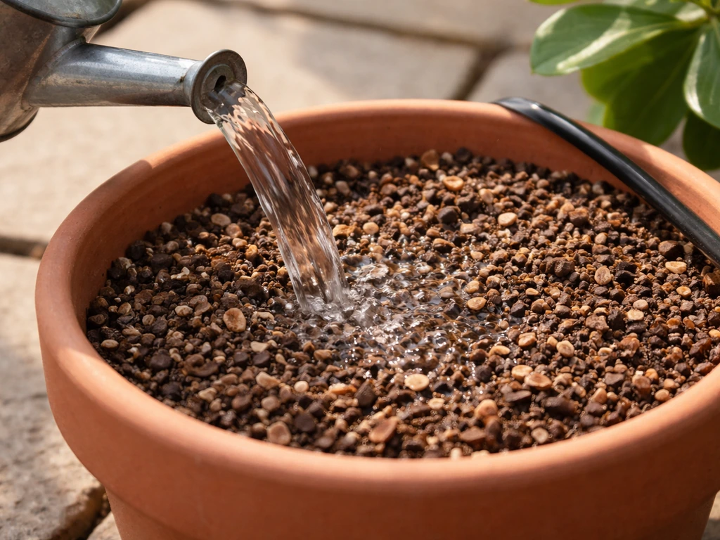 Close-up of fast-draining potting mix in a terracotta pot with a watering can and drip line nearby.