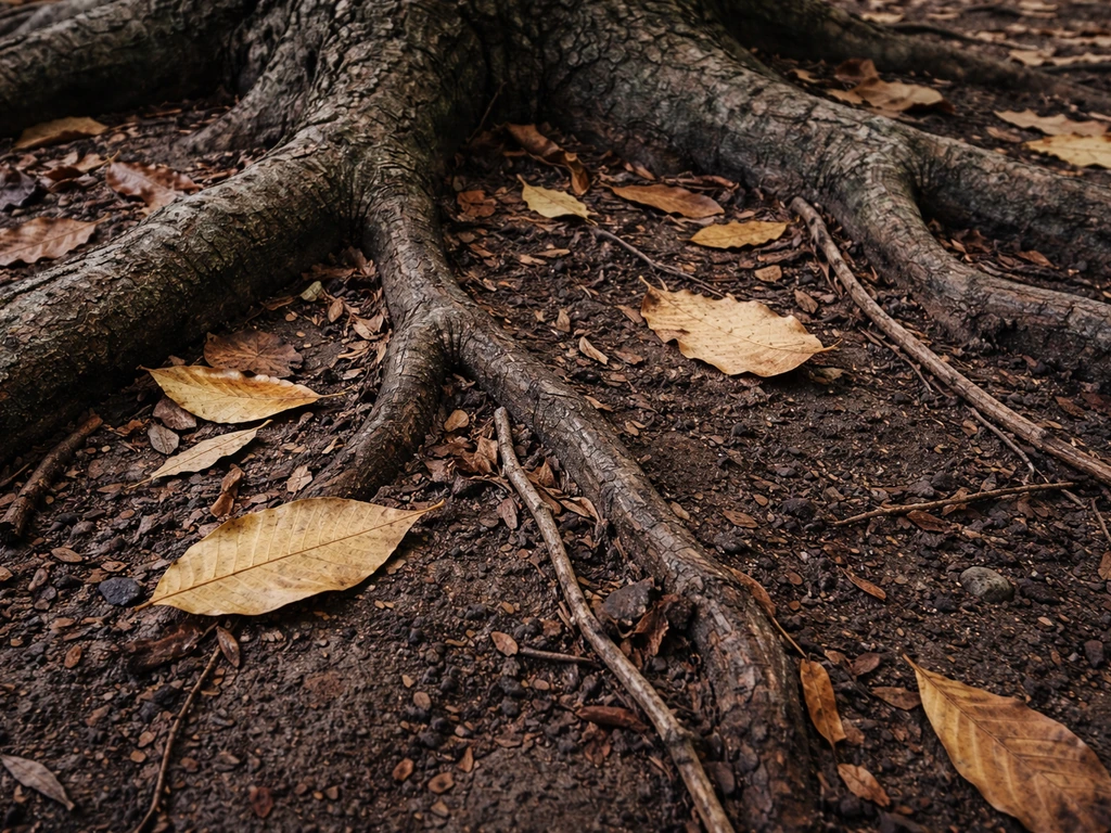 Close-up of walnut tree roots and fallen leaves on dark soil in the root zone.