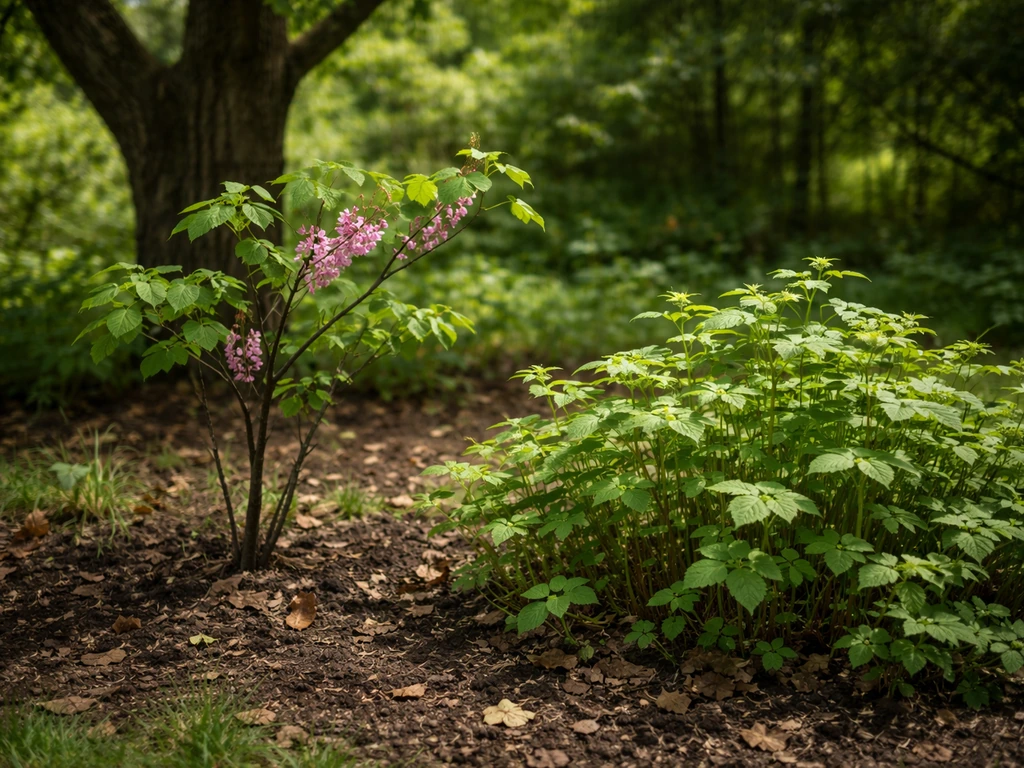 Eastern redbud and raspberry understory thriving in dappled shade near a walnut tree.