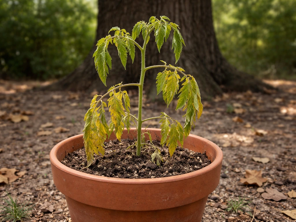 Wilted yellowing tomato plant in a pot under a walnut tree, showing juglone-like failure symptoms.