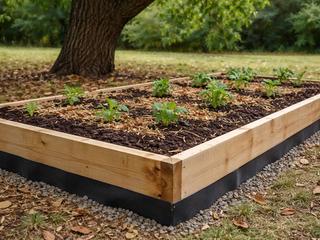 Raised garden bed under walnut tree with root barrier, mulch, compost, and improved drainage setup