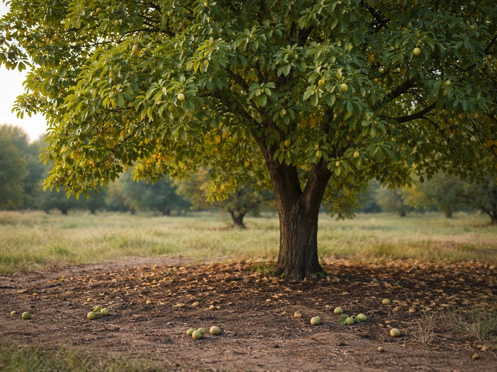 Walnut tree in a seasonal orchard with green leaves and fallen walnuts on the ground
