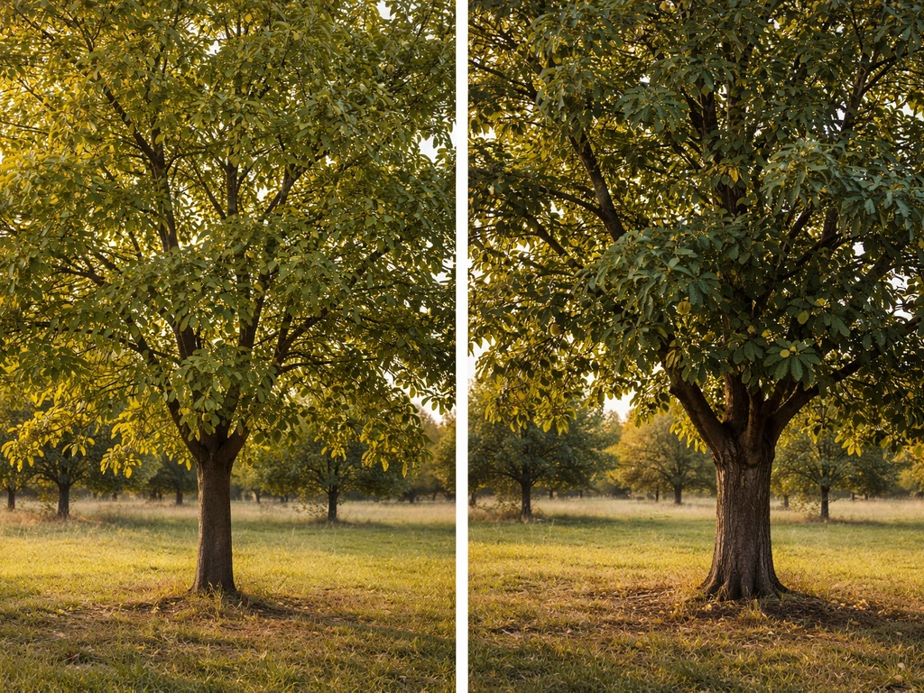 Two walnut trees side-by-side with distinct leaves and nut clusters in a simple autumn orchard setting