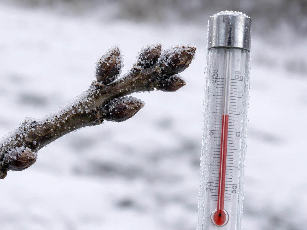Dormant walnut branch in frost with a thermometer indicating winter chilling conditions.