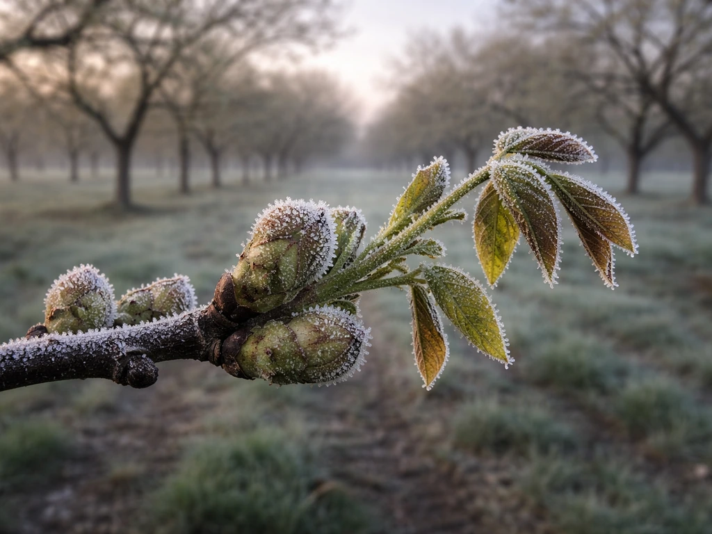 Walnut orchard branch with young buds and frost-damaged leaves under light ice on a cold morning