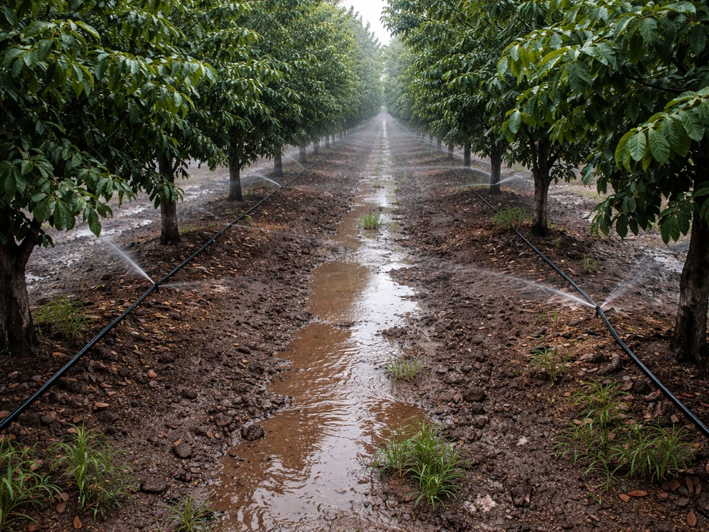 Overhead sprinkler and drip irrigation in a walnut grove with wet soil and damp leaves after rain.