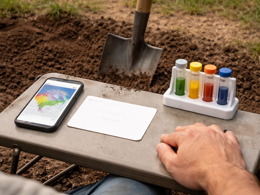 Person outdoors checking USDA zone map on phone beside soil test kit and small note card