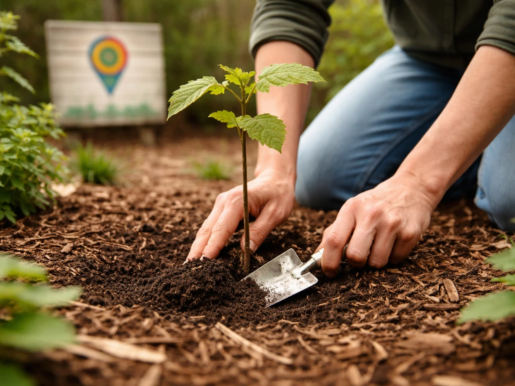 Homeowner planting a young nut tree sapling in a backyard garden with a zone-style marker blurred in background