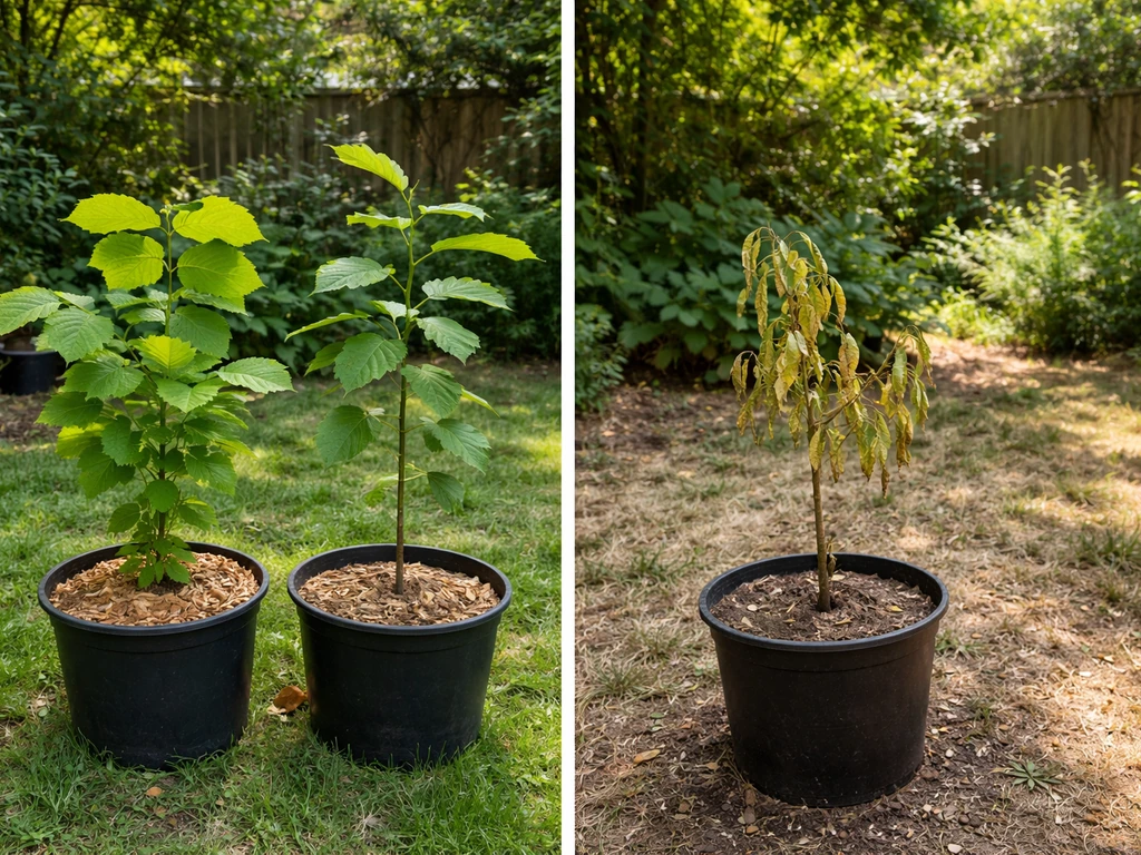 Minimal side-by-side photo of small nut trees with one thriving and one clearly unsuitable for the climate