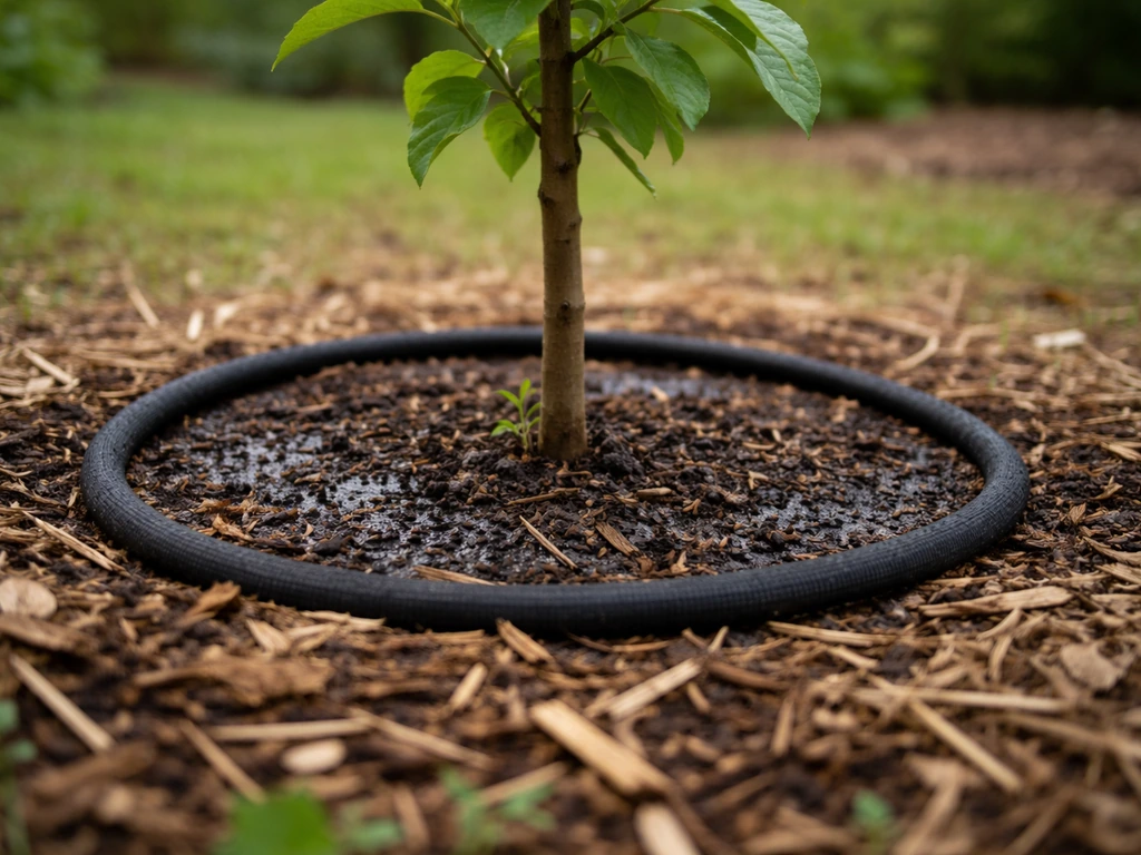 Young nut tree root zone with soaker hose watering and a mulch ring in a clean backyard bed