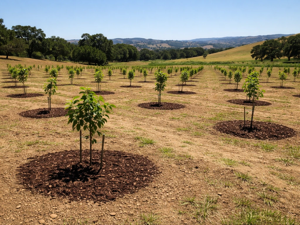 Young walnut/pecan/chestnut saplings planted with wide spacing in a sunny rural orchard.