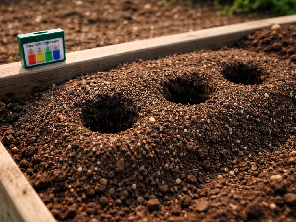 Close-up of raised planting mound with soil amendment, with a small soil pH test kit beside it
