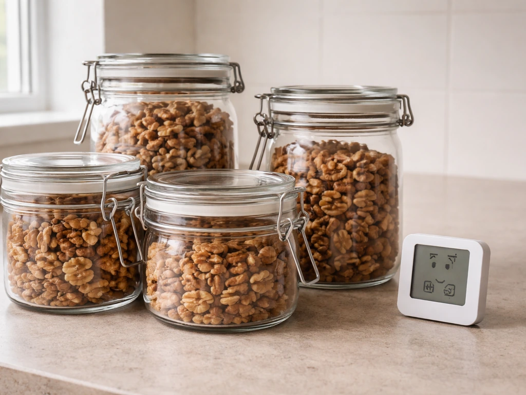 Airtight containers of dried nut kernels on a kitchen counter with a small digital hygrometer beside them