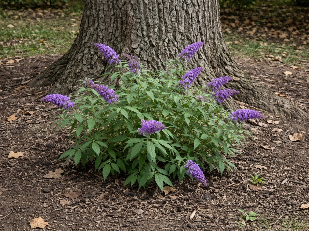 Purple butterfly bush thriving near a mature black walnut trunk in natural garden soil