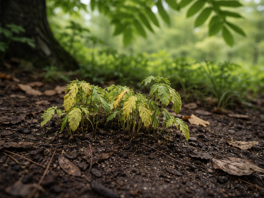 Small stressed plants growing near soil under black walnut canopy, showing dark walnut-root soil zone.
