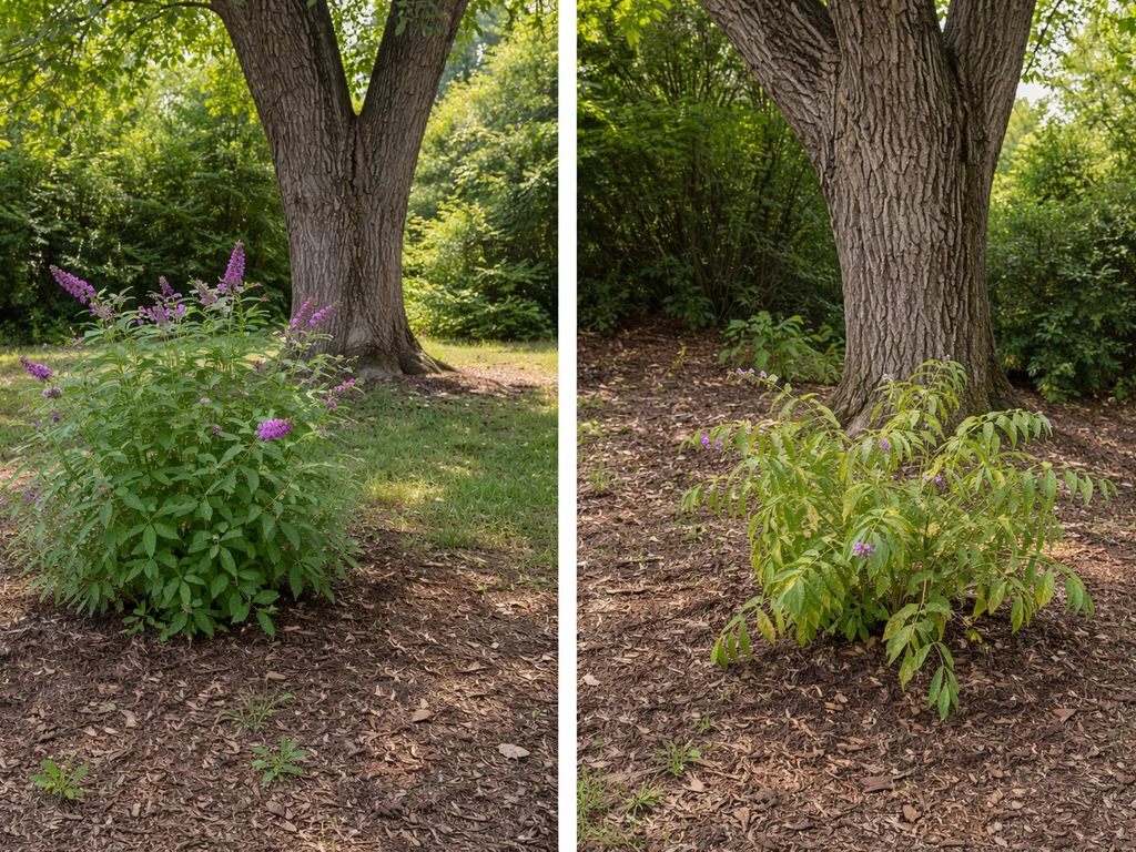 Two garden beds beside a black walnut: butterfly bush thriving in one spot, drooping near the trunk in the other.