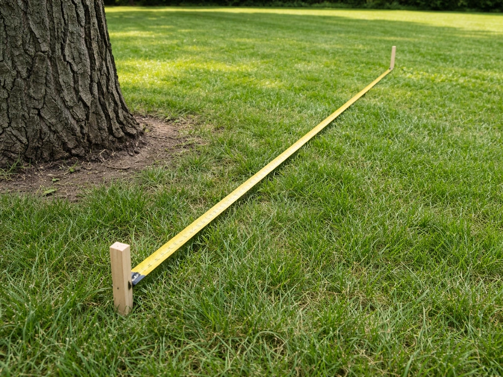 Tape measure stretched from a walnut tree base to a planting stake showing safe spacing.