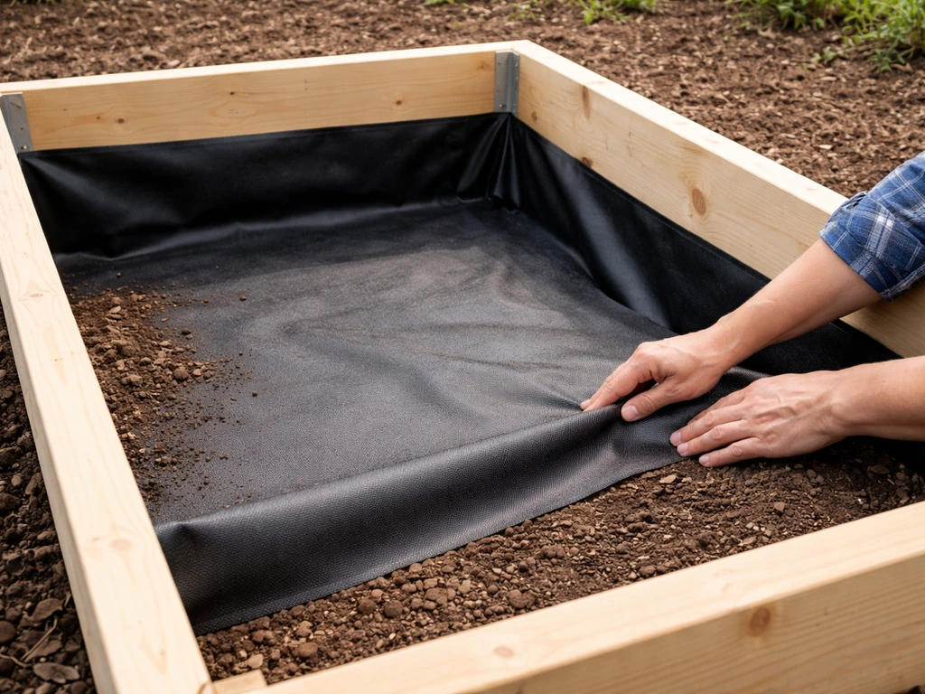 Raised bed with an installed bottom root barrier laid flat in soil before planting.